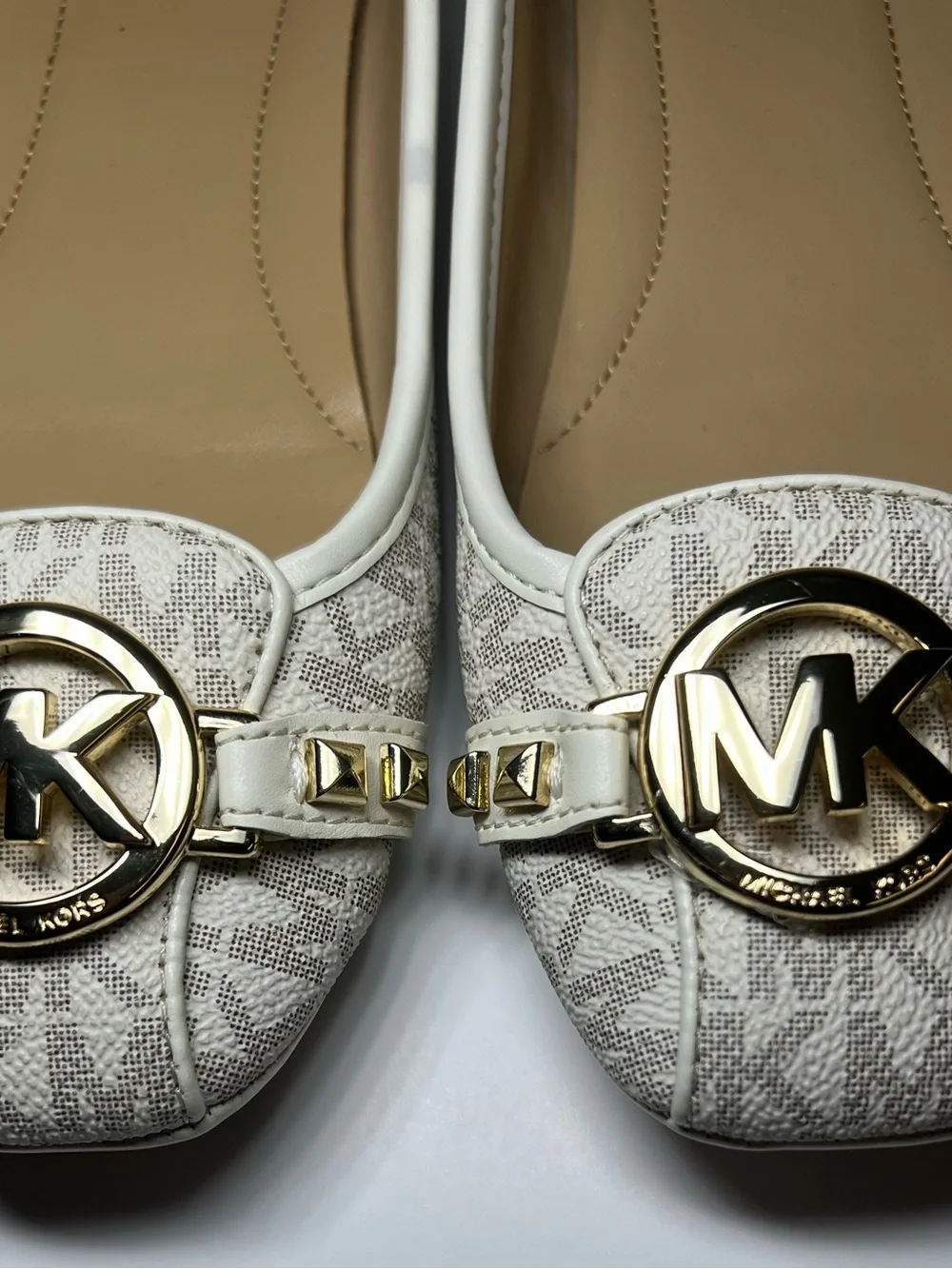 Michael Kors White Lace-Texture Ballet Flats with Gold MK Medallions